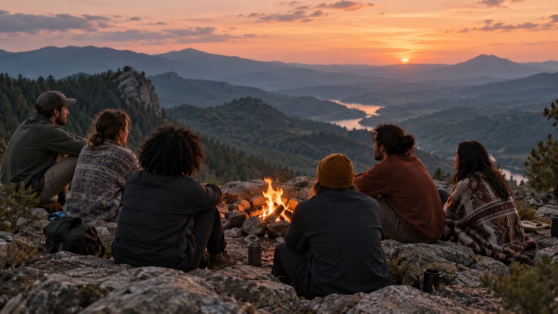 Concept scene of a small gathering around a fire in a mountain landscape.