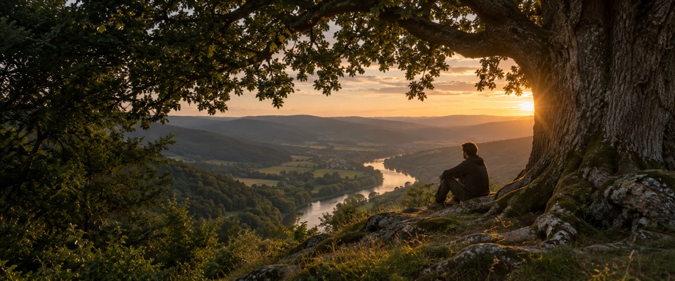 Concept scene of a person resting beneath a great tree above a sunlit river valley.