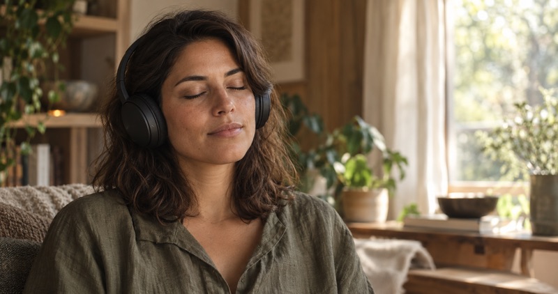 Concept portrait of a person listening through headphones by a sunlit window.