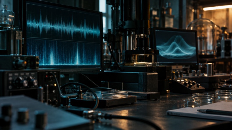 Concept image of a dim laboratory bench with screens and glassware.